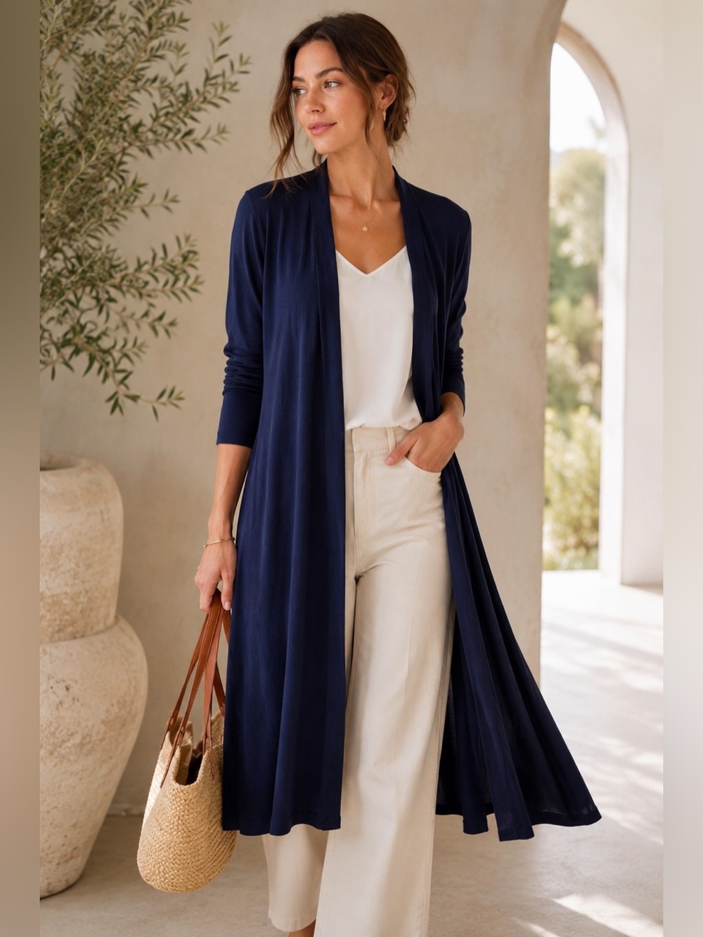 Soma Navy Maxi Duster Cardigan M Longline Open Front Lightweight Sweater